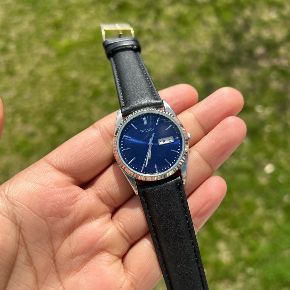 Pulsar unisex blue face with black leather strap watch